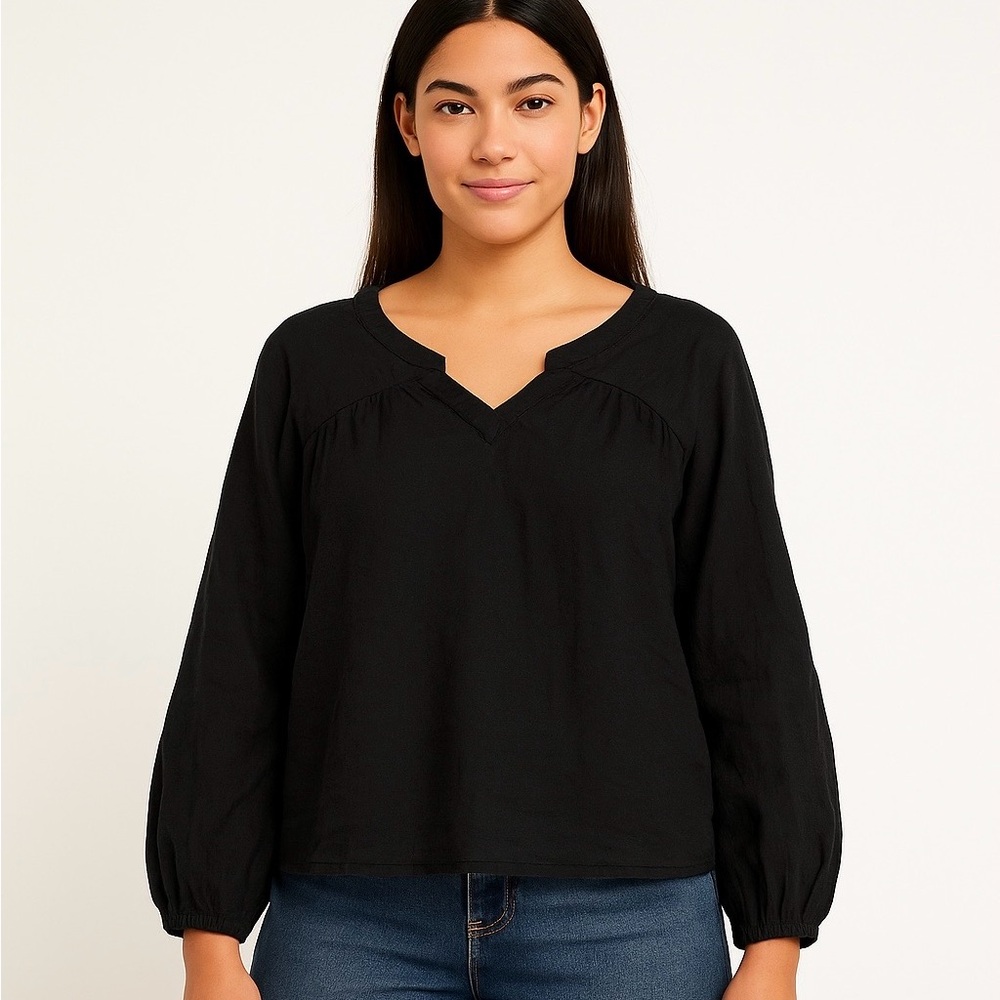 World Market Black Linen Blend Peasant Blouse L/XL
